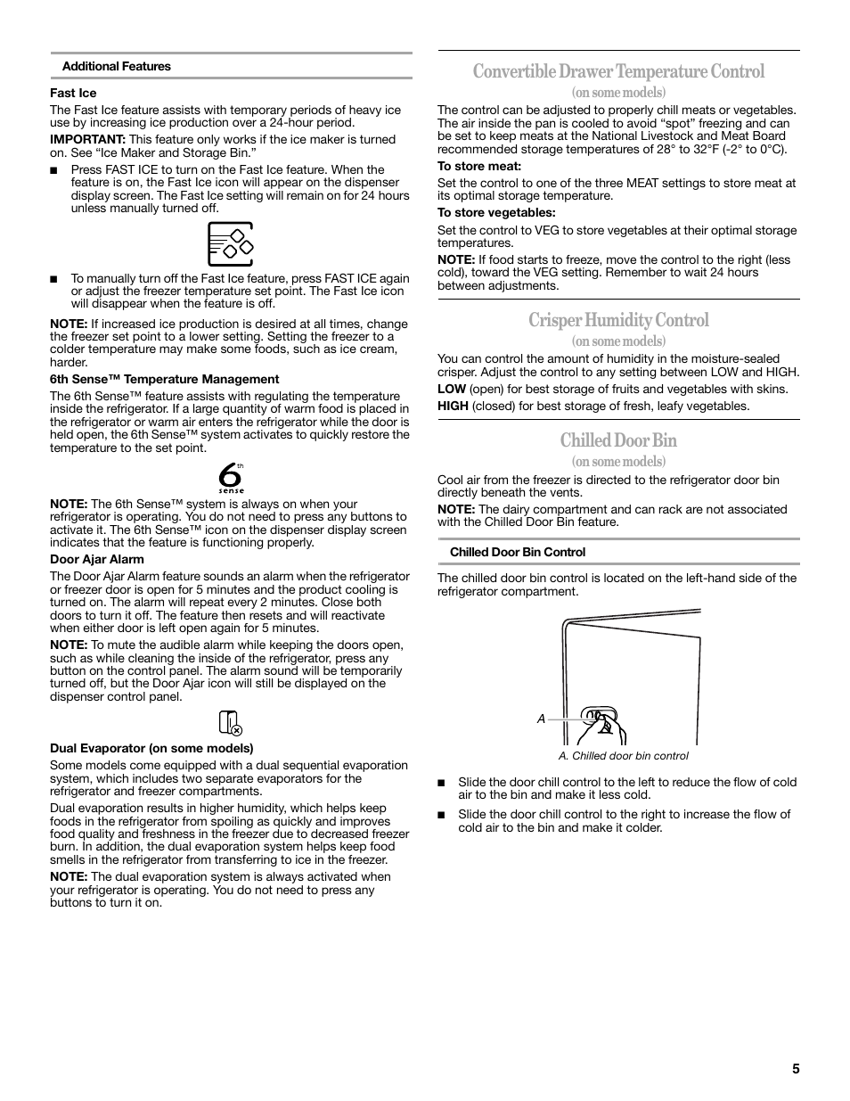 Convertible drawer temperature control, Crisper humidity control, Chilled door bin | Whirlpool GSC25C6EYY User Manual | Page 5 / 44