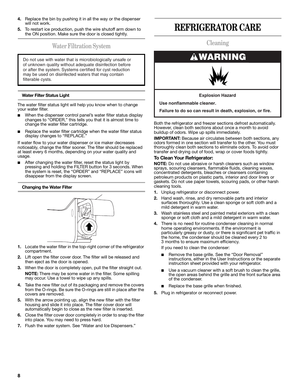 Refrigerator care, Warning, Water filtration system | Cleaning | Whirlpool GSC25C6EYY User Manual | Page 8 / 44