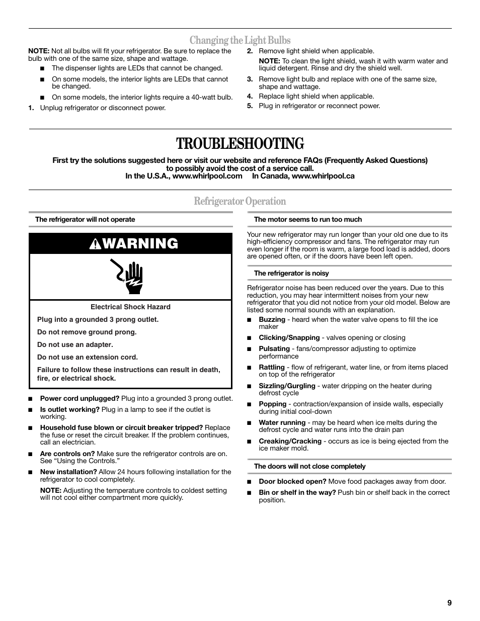 Troubleshooting, Warning, Changing the light bulbs | Refrigerator operation | Whirlpool GSC25C6EYY User Manual | Page 9 / 44