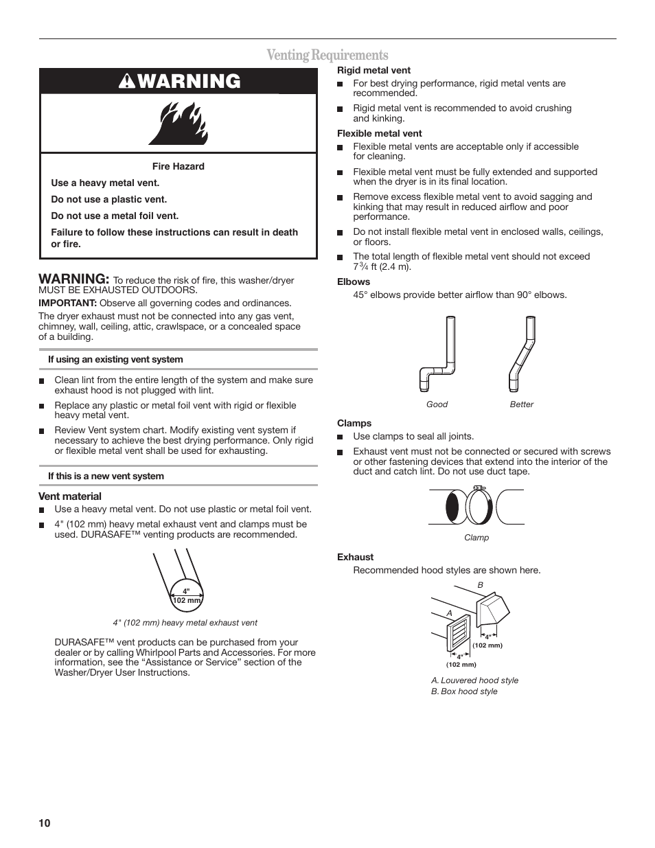 Venting requirements, Warning | Whirlpool LTE5243DQ User Manual | Page 10 / 16