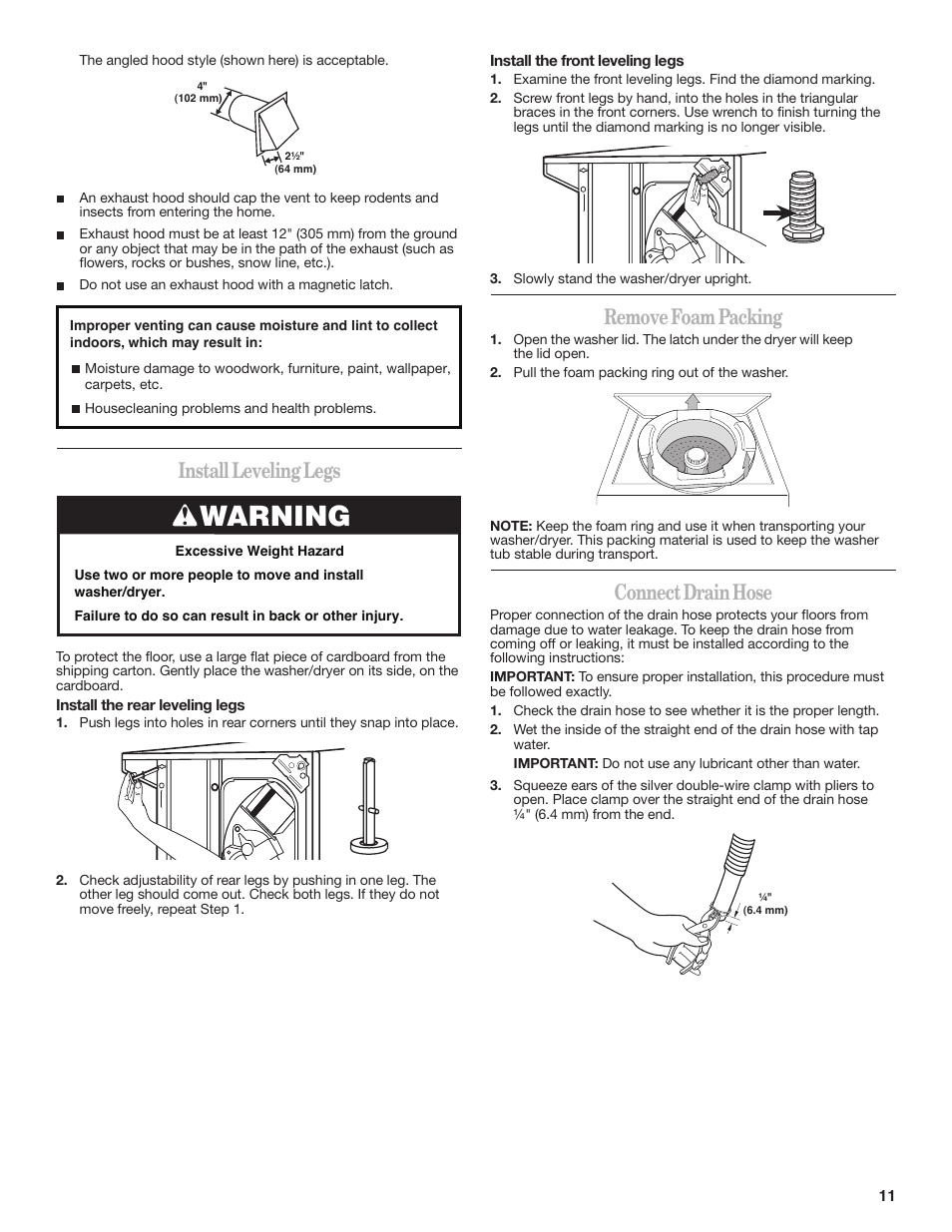 Warning, Install leveling legs, Remove foam packing | Connect drain hose | Whirlpool LTE5243DQ User Manual | Page 11 / 16