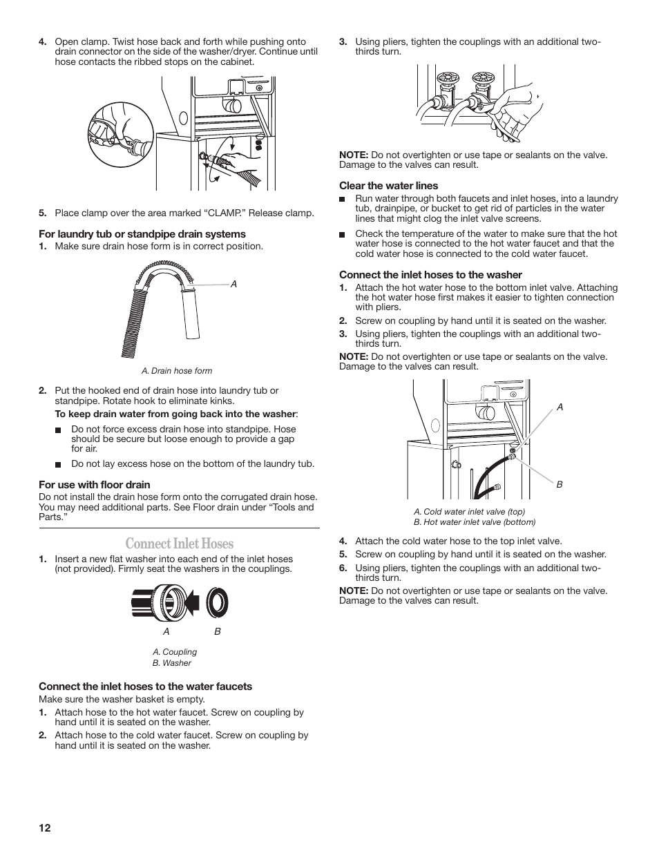 Connect inlet hoses | Whirlpool LTE5243DQ User Manual | Page 12 / 16