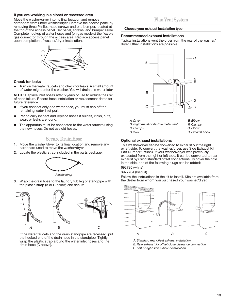 Secure drain hose, Plan vent system | Whirlpool LTE5243DQ User Manual | Page 13 / 16