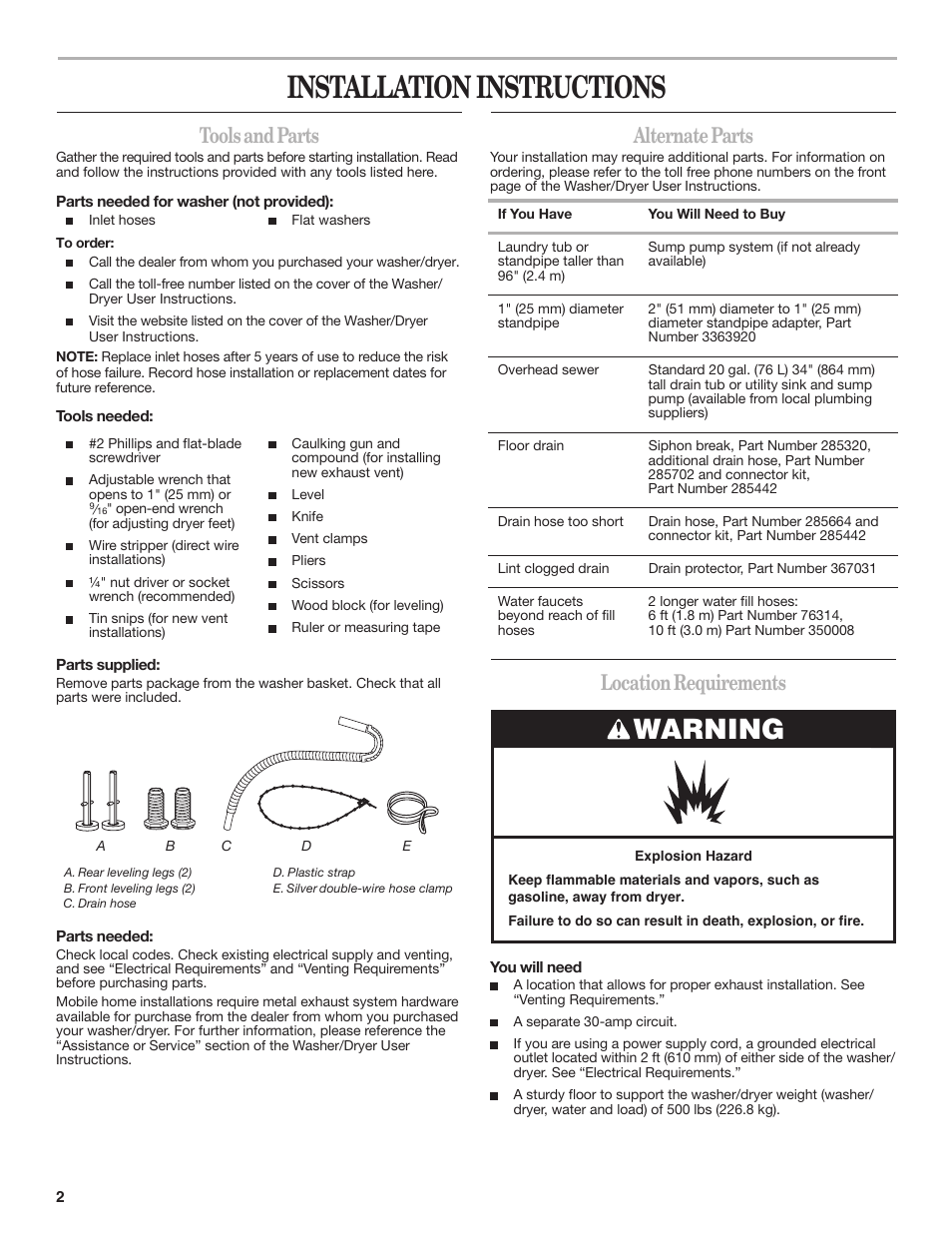 Installation instructions, Warning, Tools and parts | Alternate parts, Location requirements | Whirlpool LTE5243DQ User Manual | Page 2 / 16