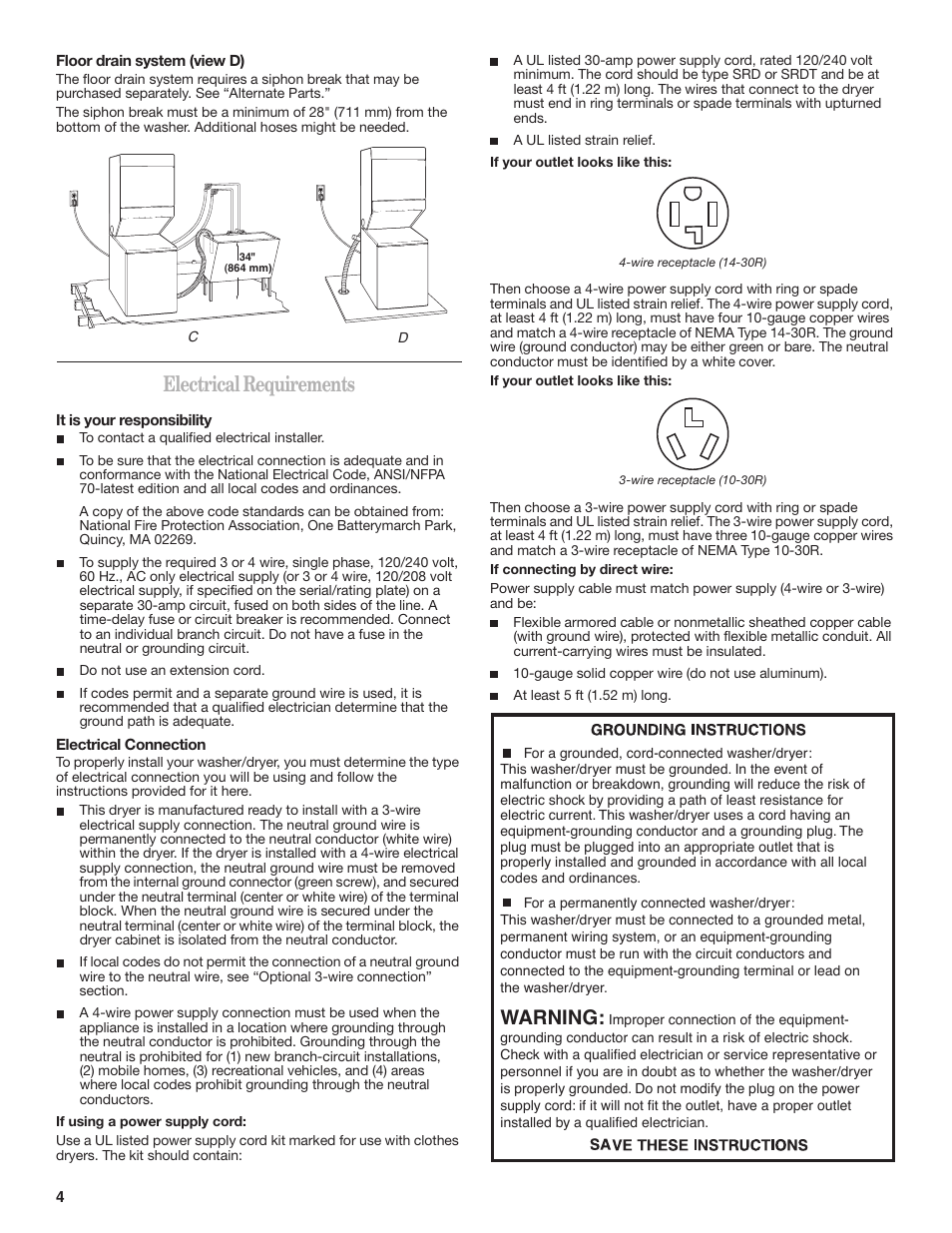 Electrical requirements, Warning | Whirlpool LTE5243DQ User Manual | Page 4 / 16