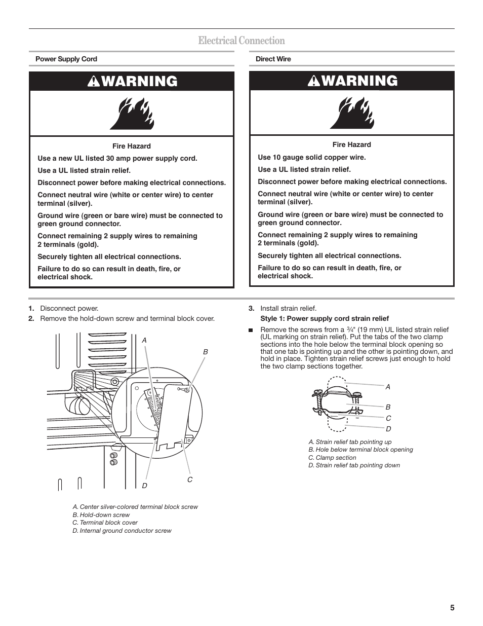 Warning, Electrical connection | Whirlpool LTE5243DQ User Manual | Page 5 / 16