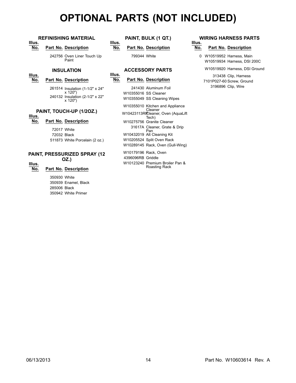 Optional, Optional parts (not included) | Whirlpool WFG540H0AS User Manual | Page 14 / 14
