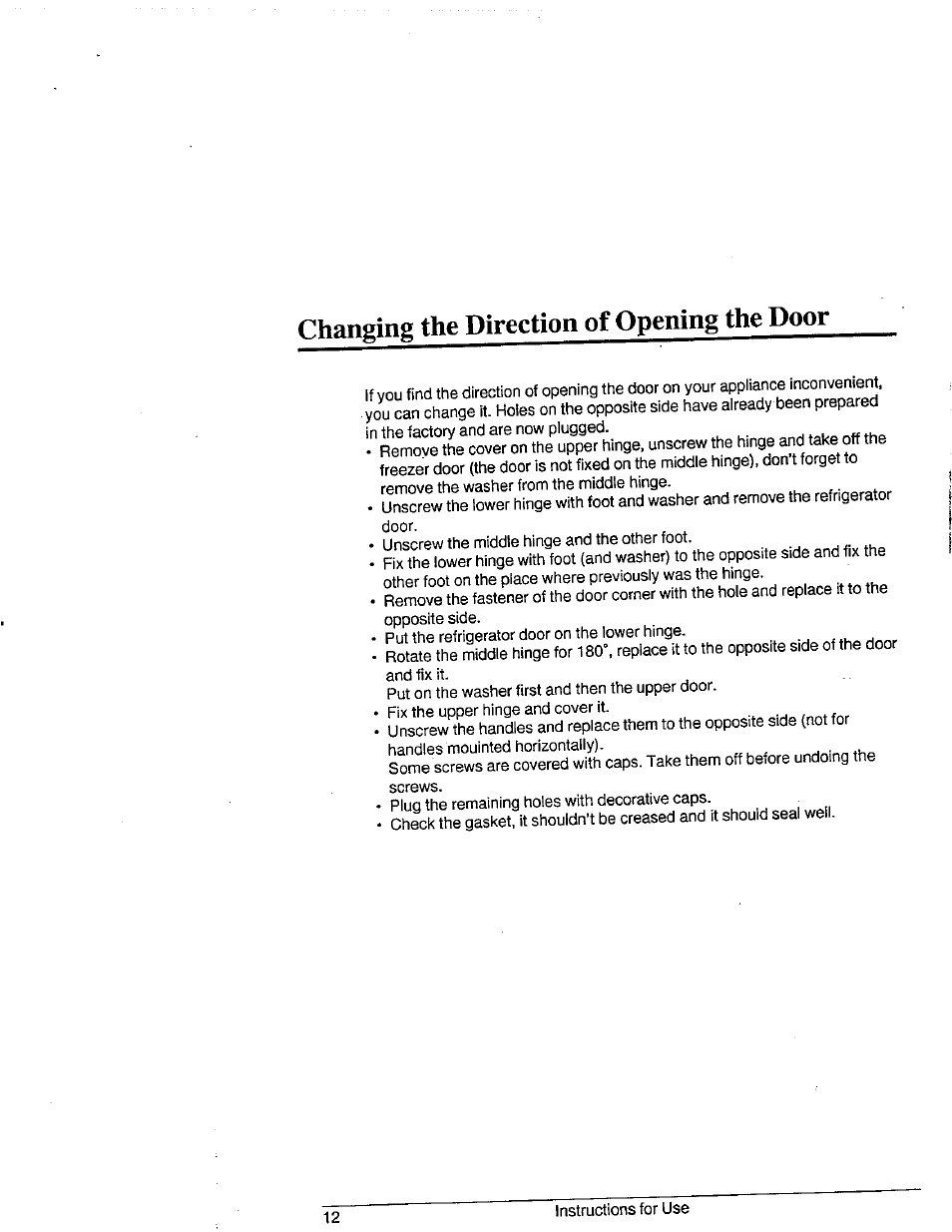 Changing the direction of opening the door | Avanti 1292YWT User Manual | Page 11 / 17