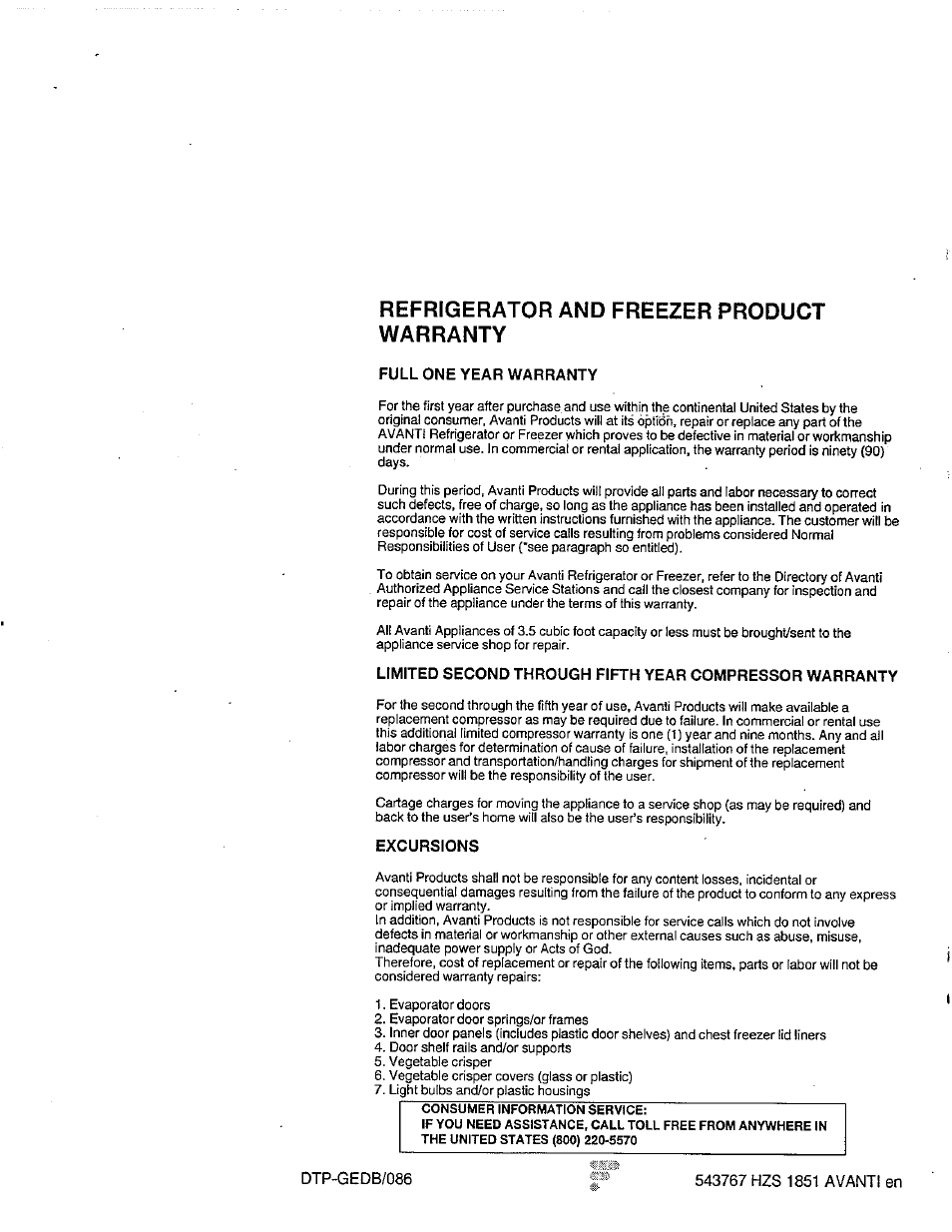 Full one year warranty, Excursions, Dtp-gedb/086 | 543767 hzs 1851 avanti en, Refrigerator and freezer product warranty | Avanti 1292YWT User Manual | Page 17 / 17