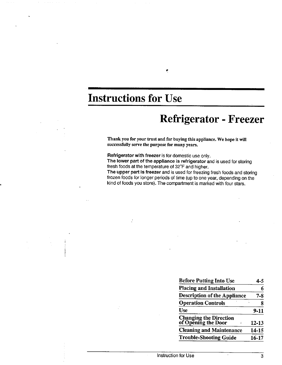 Instructions for use, Refrigerator - freezer, Instructions for use refrigerator - freezer | Avanti 1292YWT User Manual | Page 2 / 17