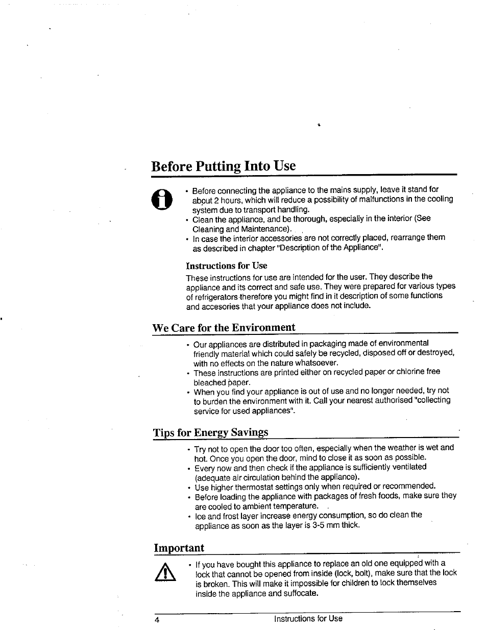 Before putting into use, Instructions for use, We care for the environment | Tips for energy savings, Important | Avanti 1292YWT User Manual | Page 3 / 17