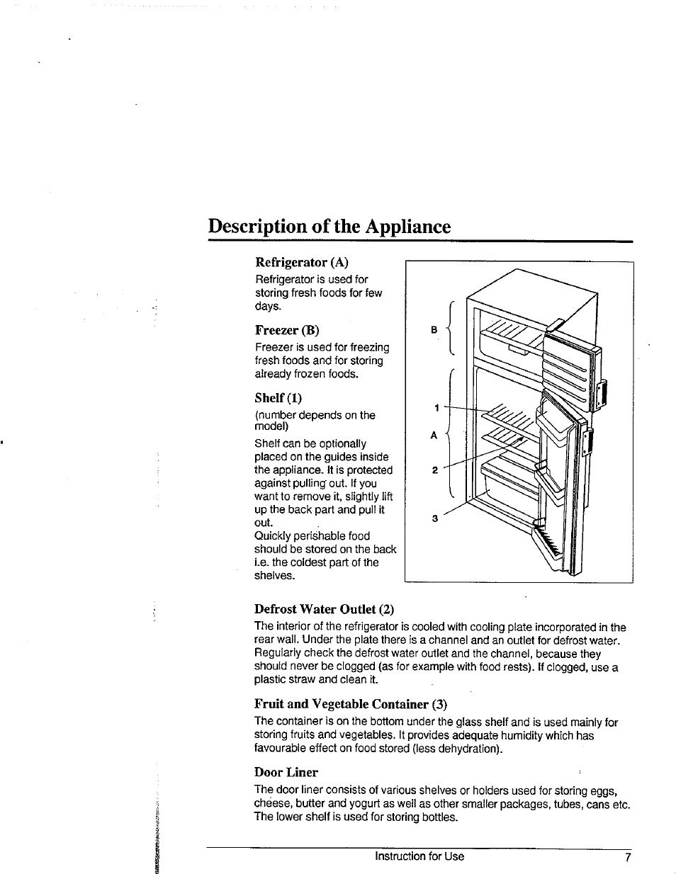 Description of the appliance, Refrigerator (a), Freezer(b) | Shelf (1), Defrost water outlet (2), Fruit and vegetable container (3), Door liner | Avanti 1292YWT User Manual | Page 6 / 17