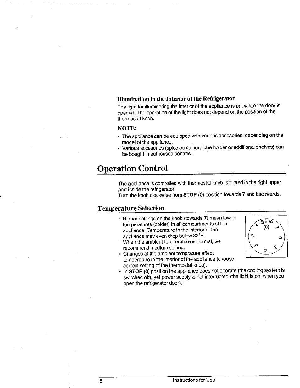 Illumination in the interior of the refrigerator, Operation control, Temperature selection | Avanti 1292YWT User Manual | Page 7 / 17