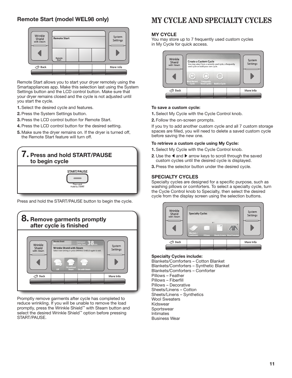 My cycle and specialty cycles | Whirlpool WGD98HEBU User Manual | Page 11 / 36