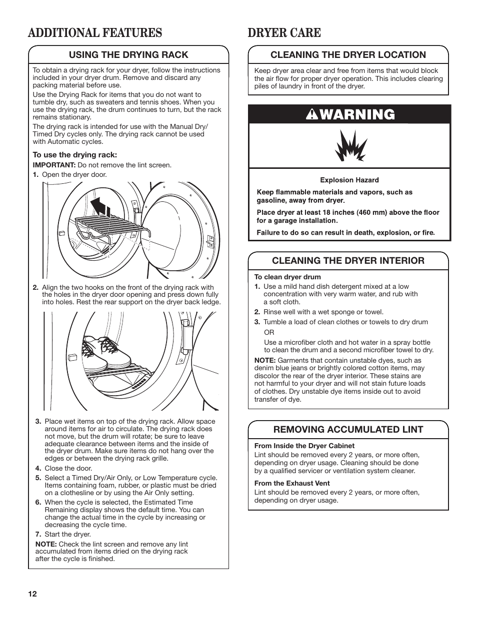 Dryer care, Additional features | Whirlpool WGD98HEBU User Manual | Page 12 / 36