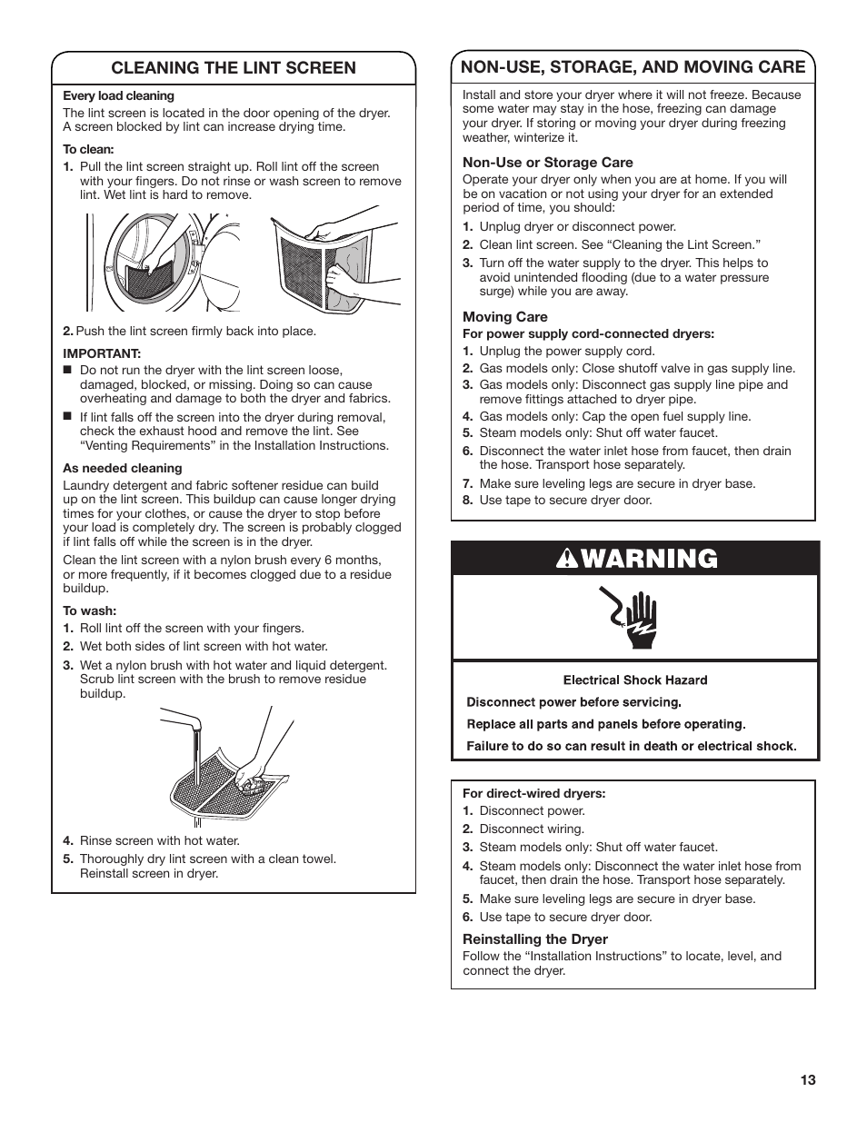 Cleaning the lint screen, Non-use, storage, and moving care | Whirlpool WGD98HEBU User Manual | Page 13 / 36