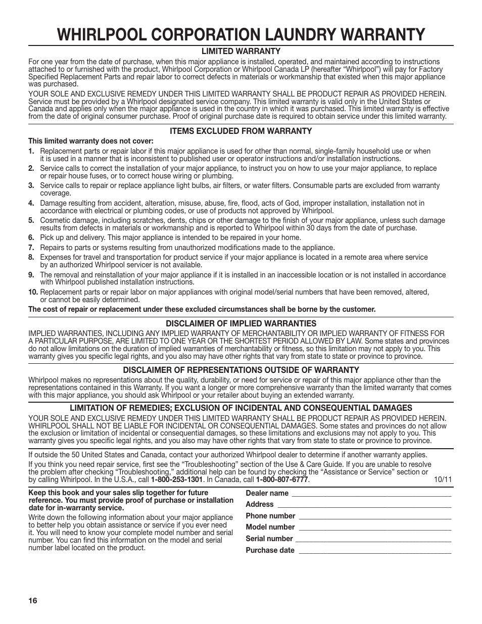 Whirlpool corporation laundry warranty | Whirlpool WGD98HEBU User Manual | Page 16 / 36