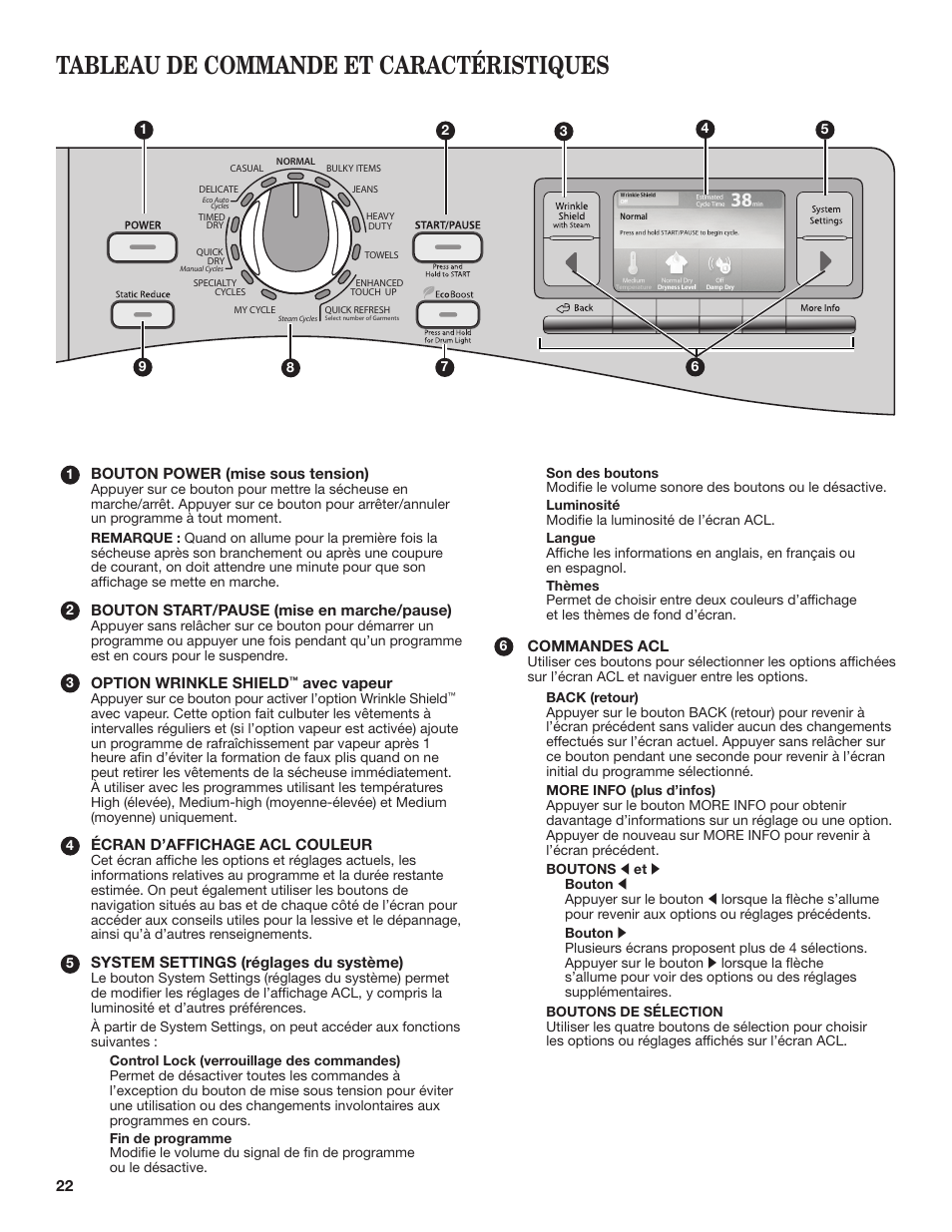 Tableau de commande et caractéristiques | Whirlpool WGD98HEBU User Manual | Page 22 / 36