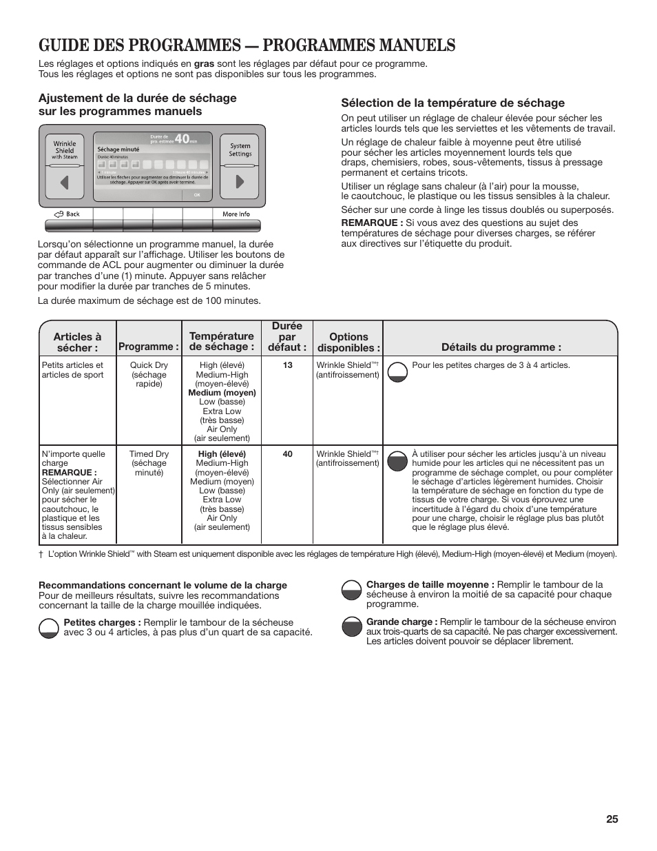 Guide des programmes — programmes manuels, Sélection de la température de séchage | Whirlpool WGD98HEBU User Manual | Page 25 / 36