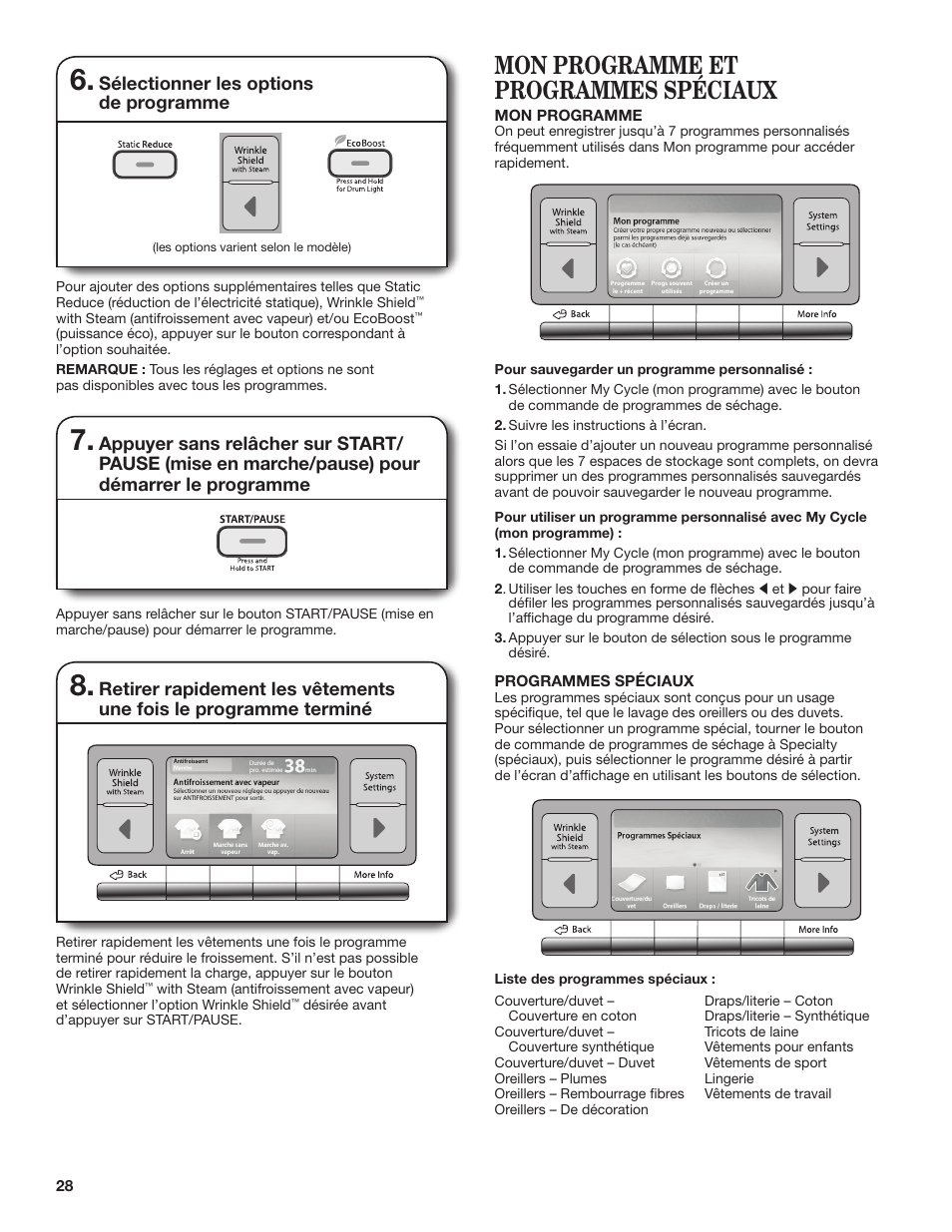 Mon programme et programmes spéciaux, Sélectionner les options de programme | Whirlpool WGD98HEBU User Manual | Page 28 / 36