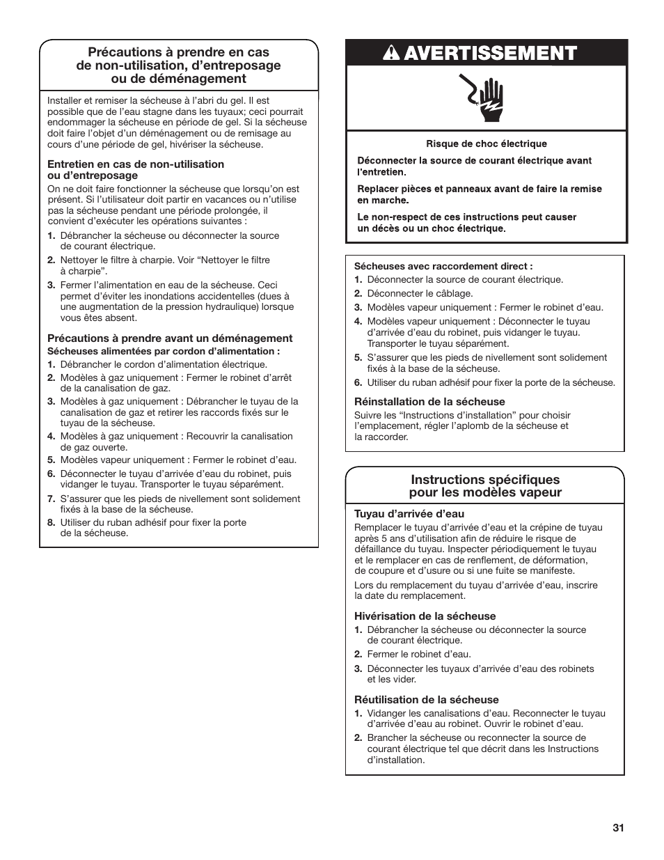 Instructions spécifiques pour les modèles vapeur | Whirlpool WGD98HEBU User Manual | Page 31 / 36