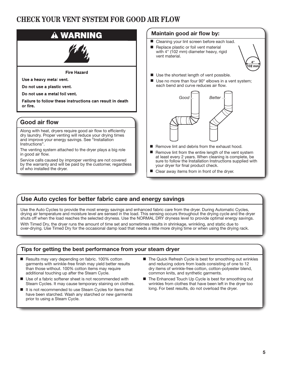 Check your vent system for good air flow, Good air flow, Maintain good air flow by | Whirlpool WGD98HEBU User Manual | Page 5 / 36