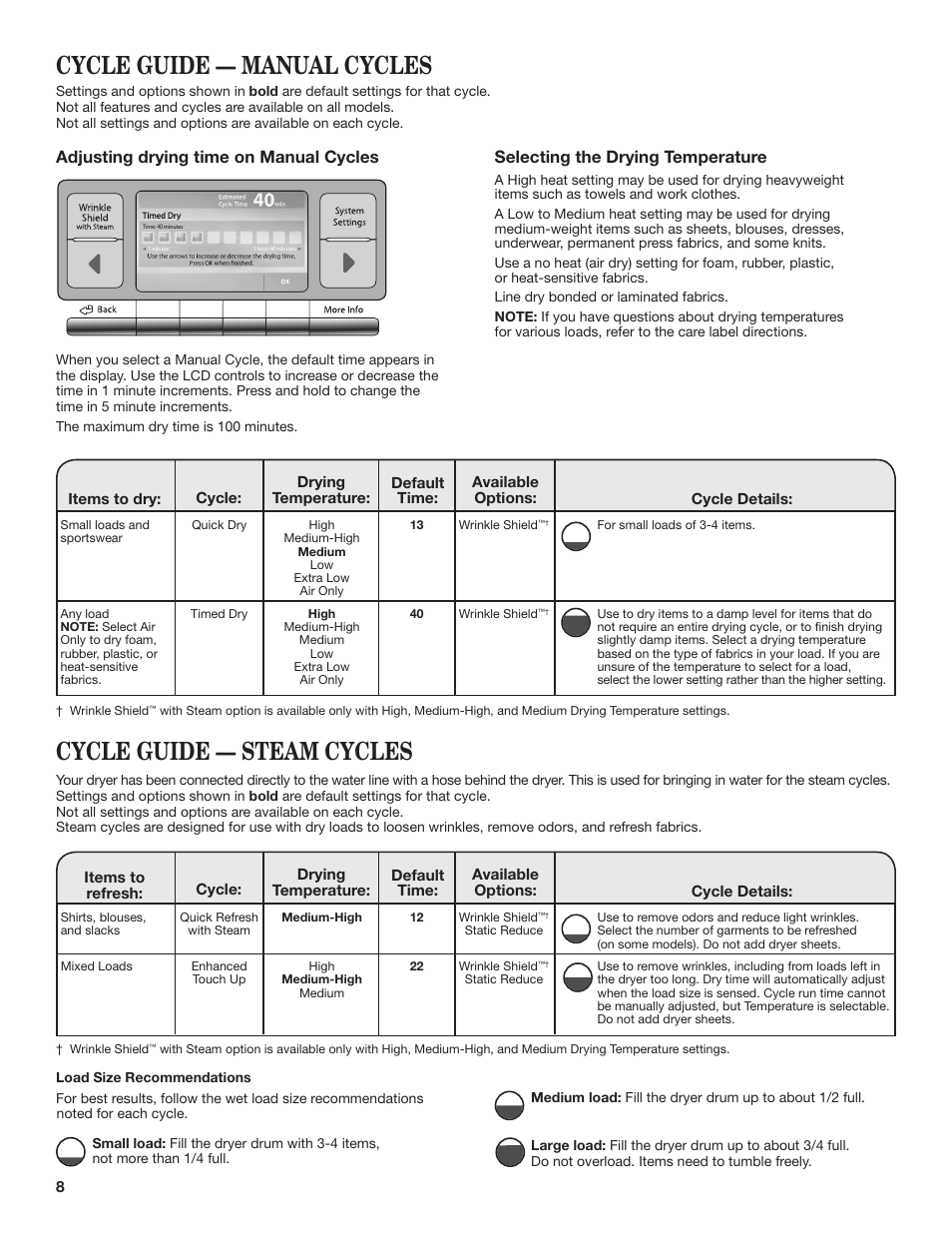 Cycle guide — steam cycles, Cycle guide — manual cycles, Selecting the drying temperature | Adjusting drying time on manual cycles | Whirlpool WGD98HEBU User Manual | Page 8 / 36