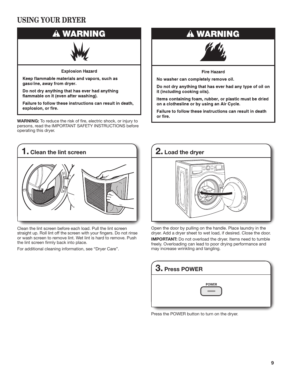 Using your dryer | Whirlpool WGD98HEBU User Manual | Page 9 / 36