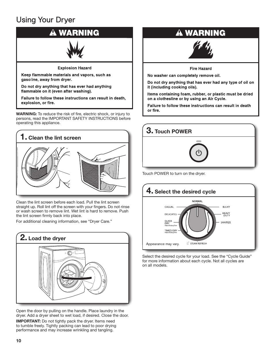 Using your dryer | Whirlpool WGD71HEBW User Manual | Page 10 / 40