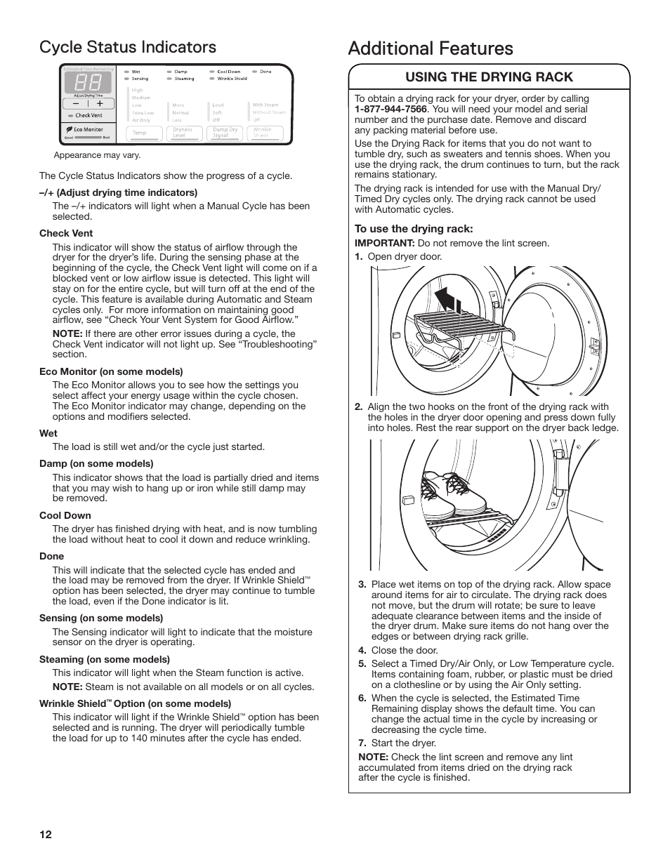 Additional features, Cycle status indicators, Using the drying rack | Whirlpool WGD71HEBW User Manual | Page 12 / 40