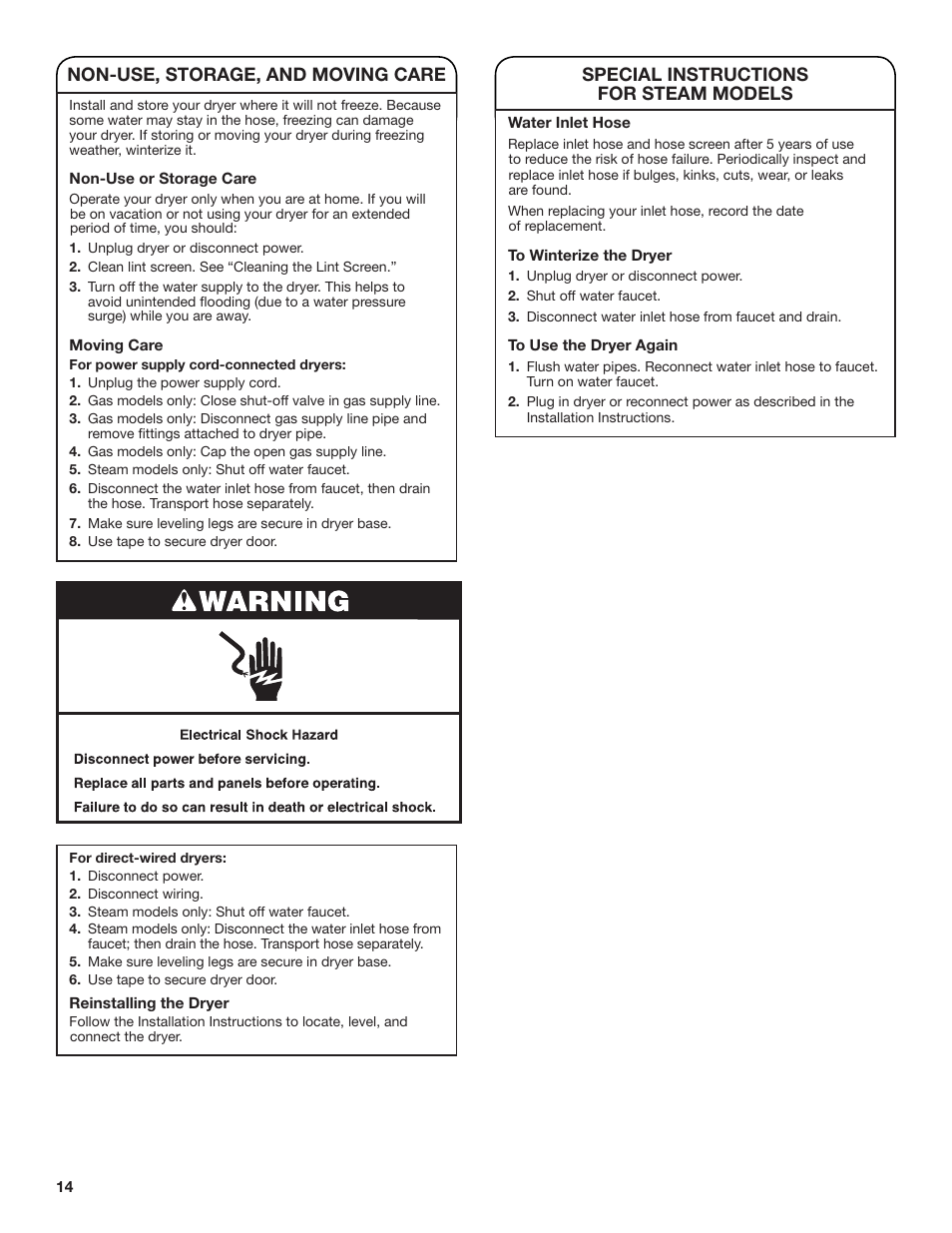 Special instructions for steam models, Non-use, storage, and moving care | Whirlpool WGD71HEBW User Manual | Page 14 / 40