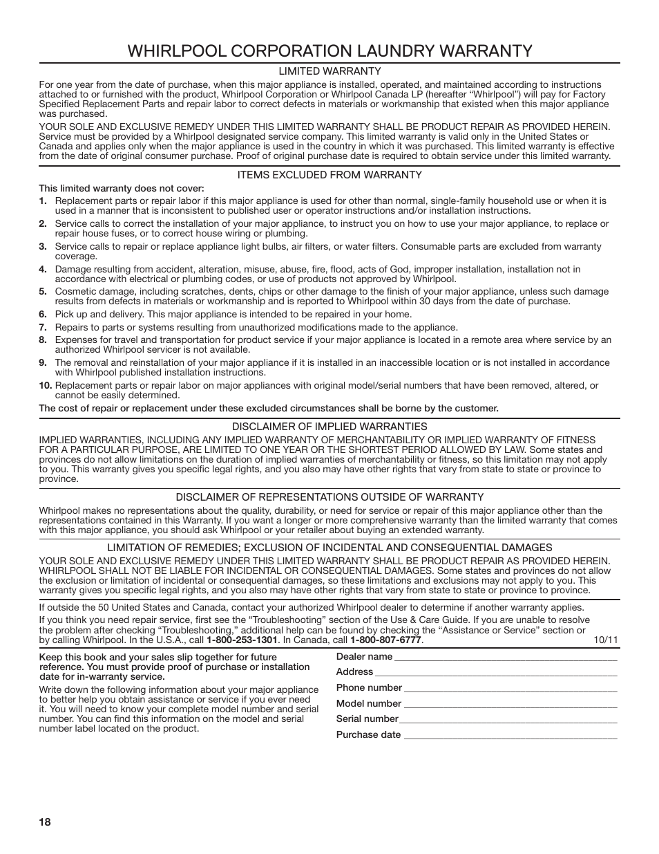 Whirlpool corporation laundry warranty | Whirlpool WGD71HEBW User Manual | Page 18 / 40