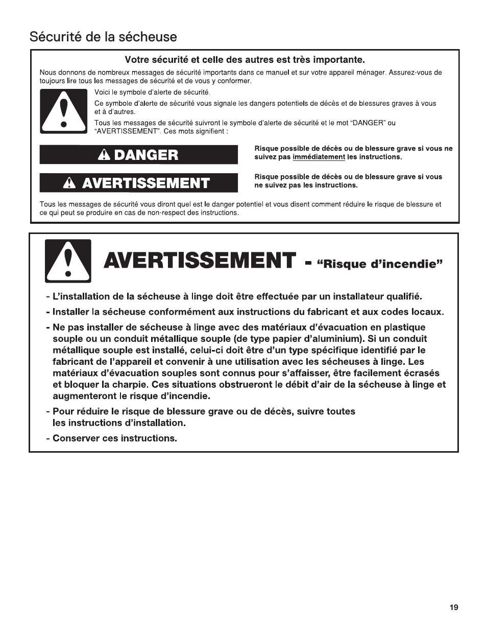 Sécurité de la sécheuse | Whirlpool WGD71HEBW User Manual | Page 19 / 40