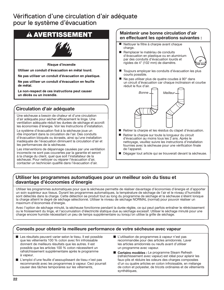 Circulation d’air adéquate | Whirlpool WGD71HEBW User Manual | Page 22 / 40