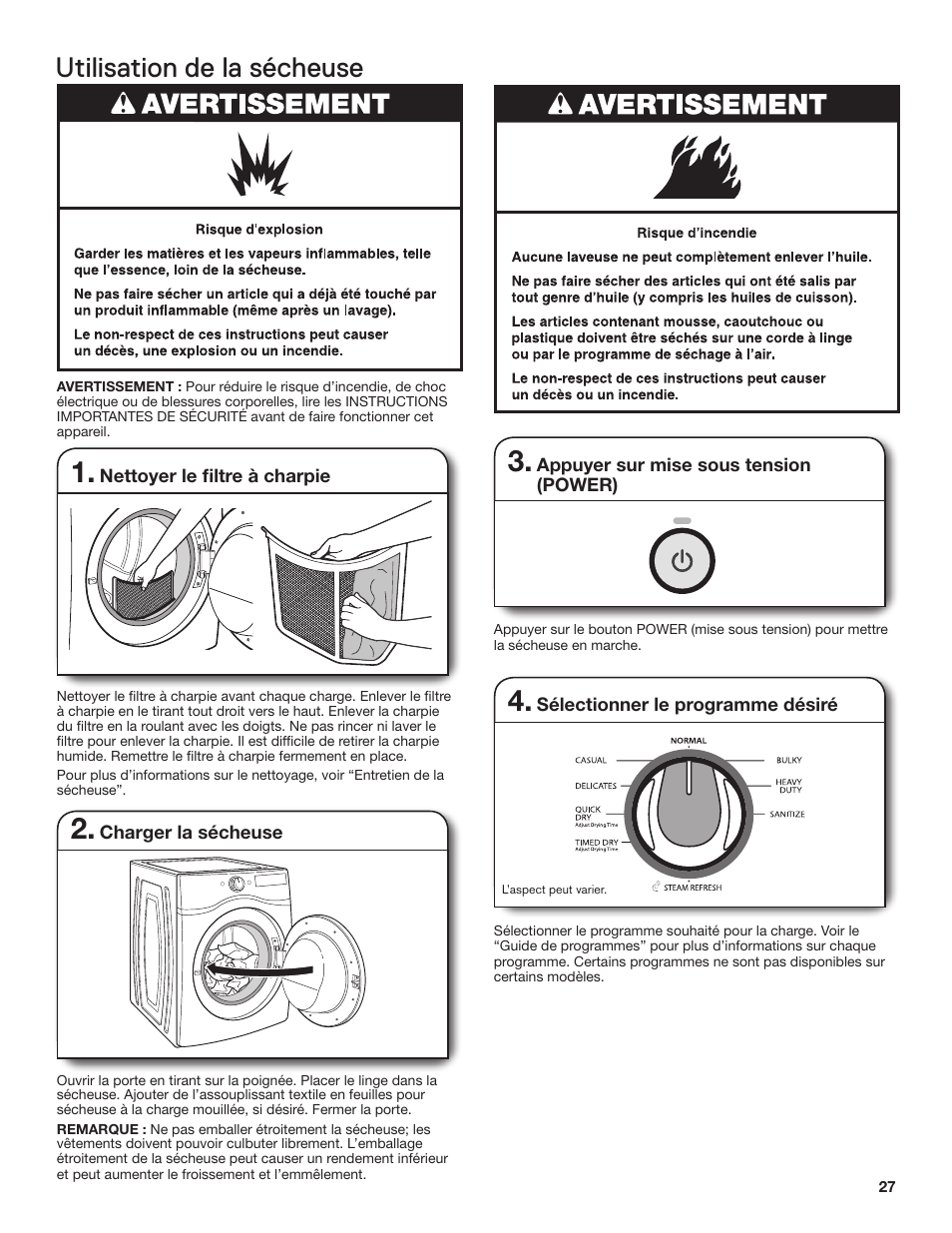 Utilisation de la sécheuse | Whirlpool WGD71HEBW User Manual | Page 27 / 40