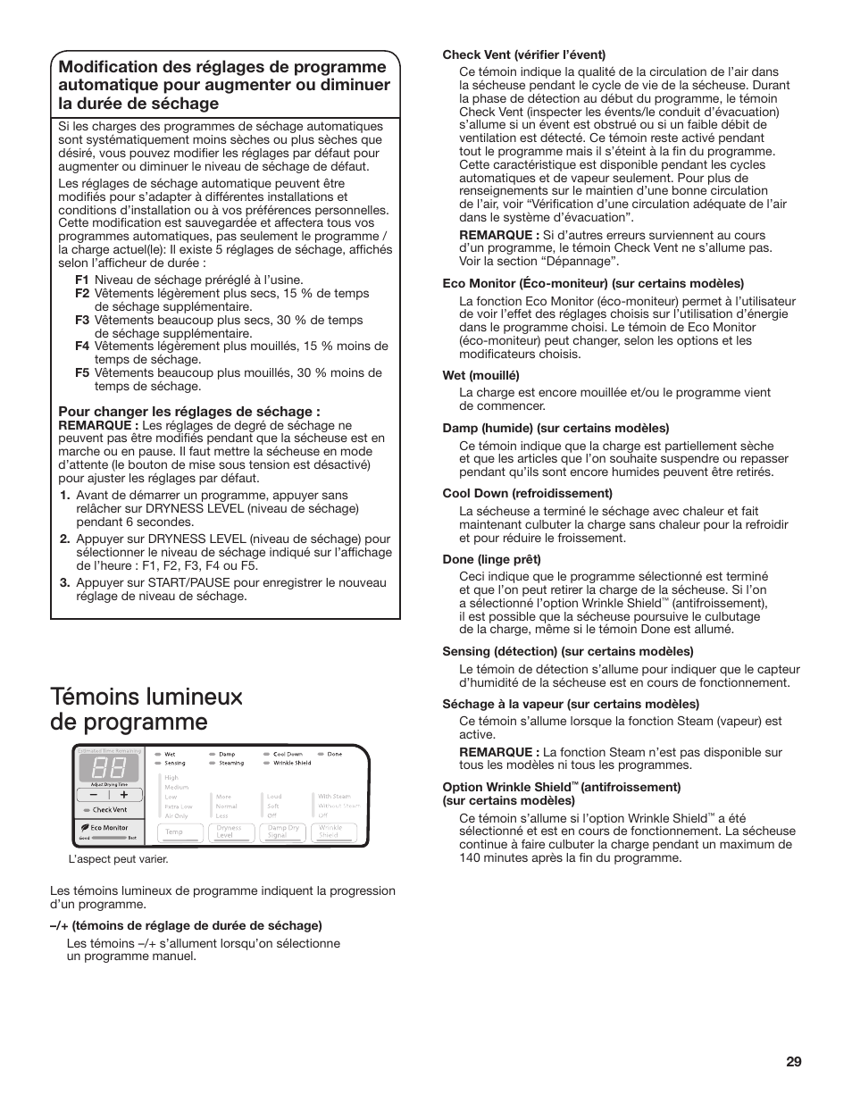 Témoins lumineux de programme | Whirlpool WGD71HEBW User Manual | Page 29 / 40