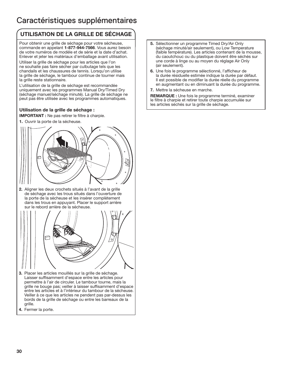 Caractéristiques supplémentaires, Utilisation de la grille de séchage | Whirlpool WGD71HEBW User Manual | Page 30 / 40