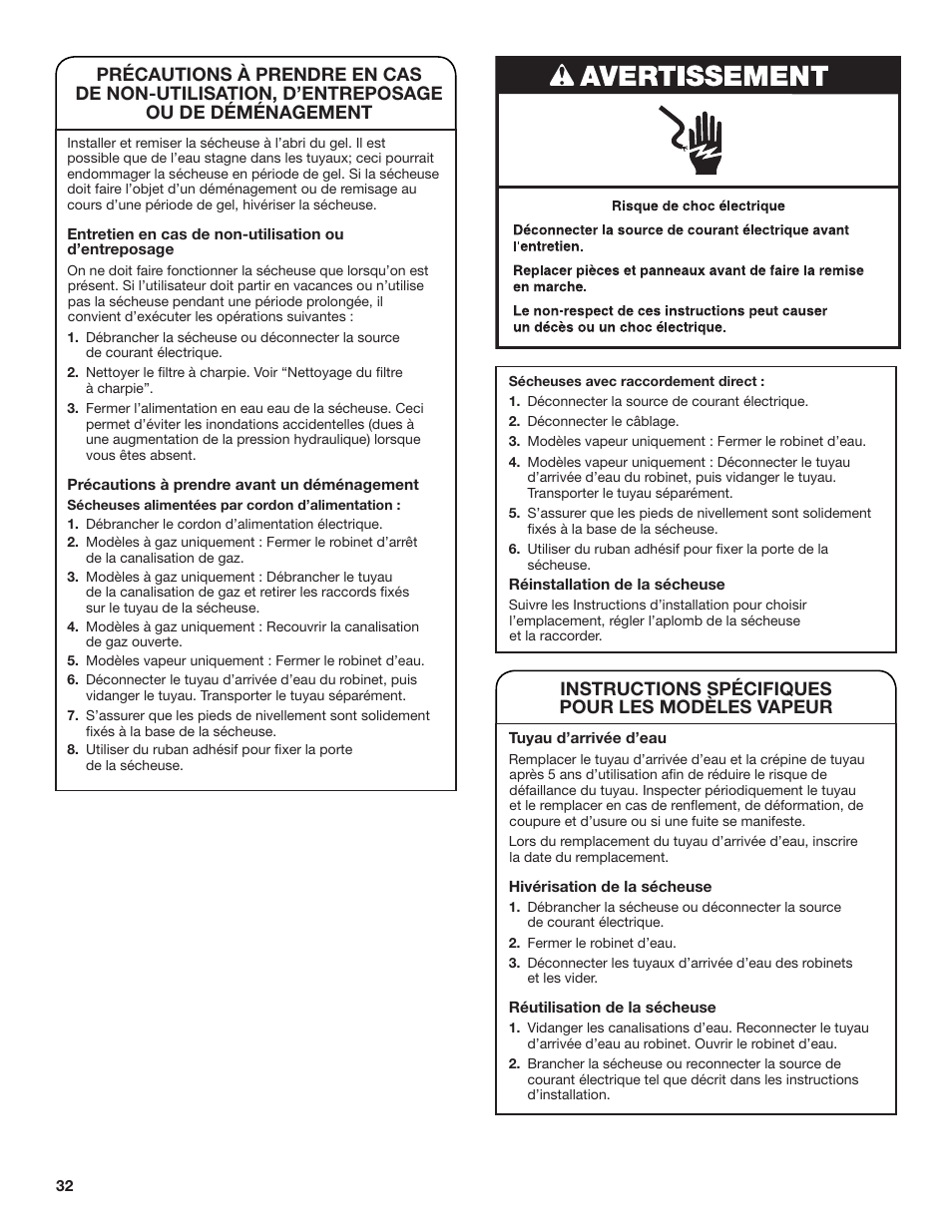 Instructions spécifiques pour les modèles vapeur | Whirlpool WGD71HEBW User Manual | Page 32 / 40