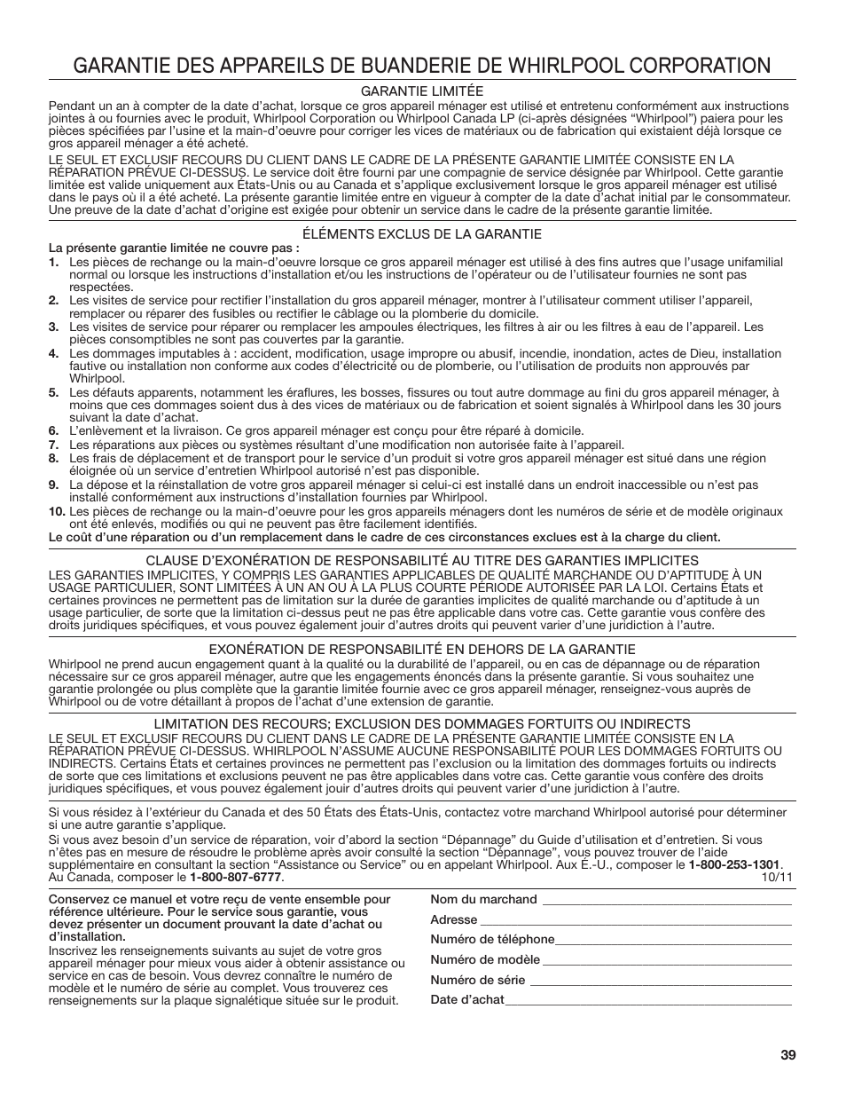 Whirlpool WGD71HEBW User Manual | Page 39 / 40