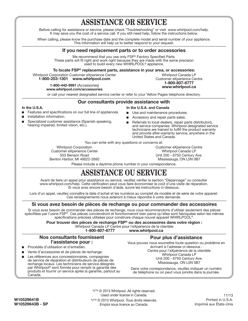 Assistance or service, Assistance ou service, Our consultants provide assistance with | Pour plus d’assistance, Nos consultants fournissent l’assistance pour | Whirlpool WGD71HEBW User Manual | Page 40 / 40