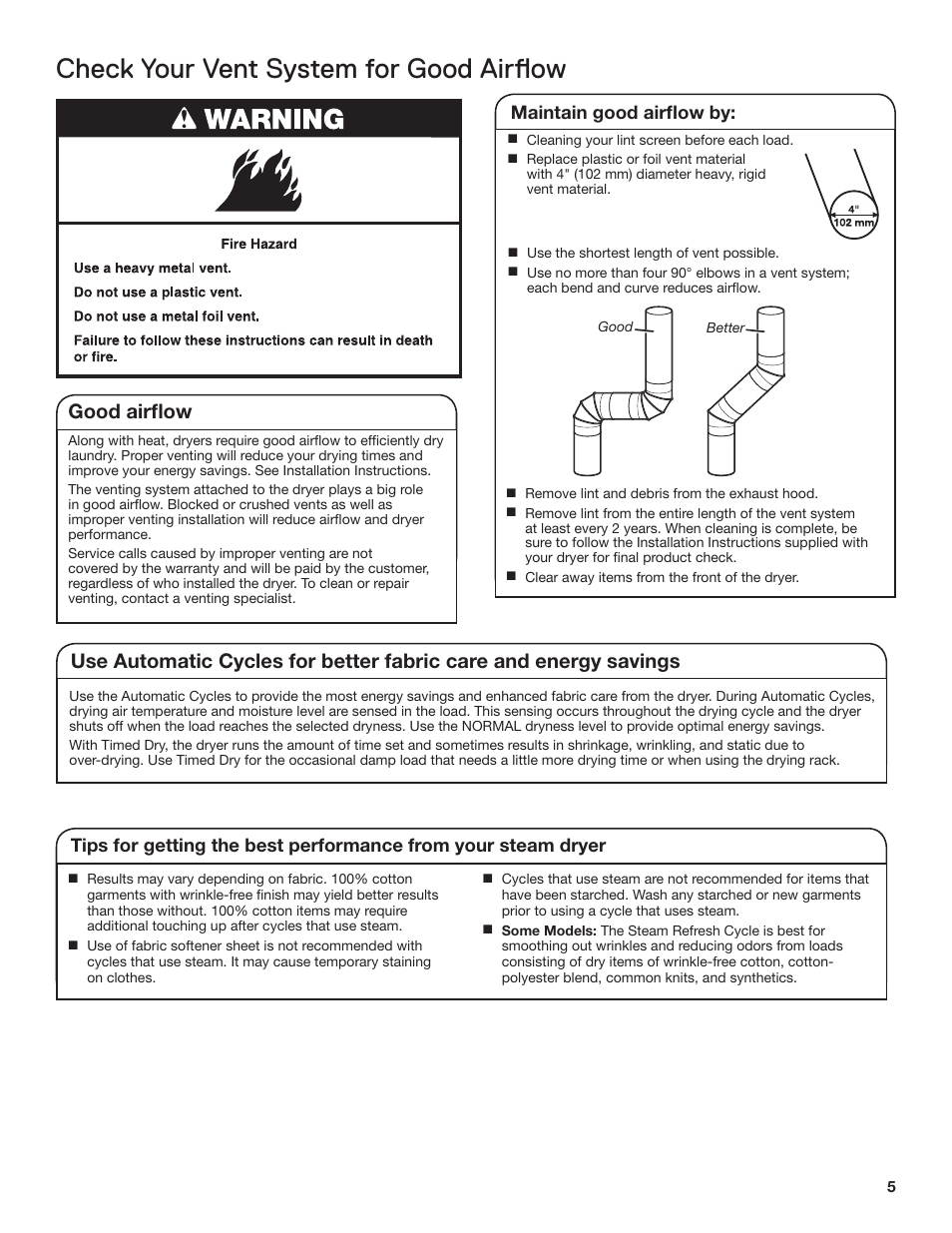 Check your vent system for good airflow, Good airflow, Maintain good airflow by | Whirlpool WGD71HEBW User Manual | Page 5 / 40