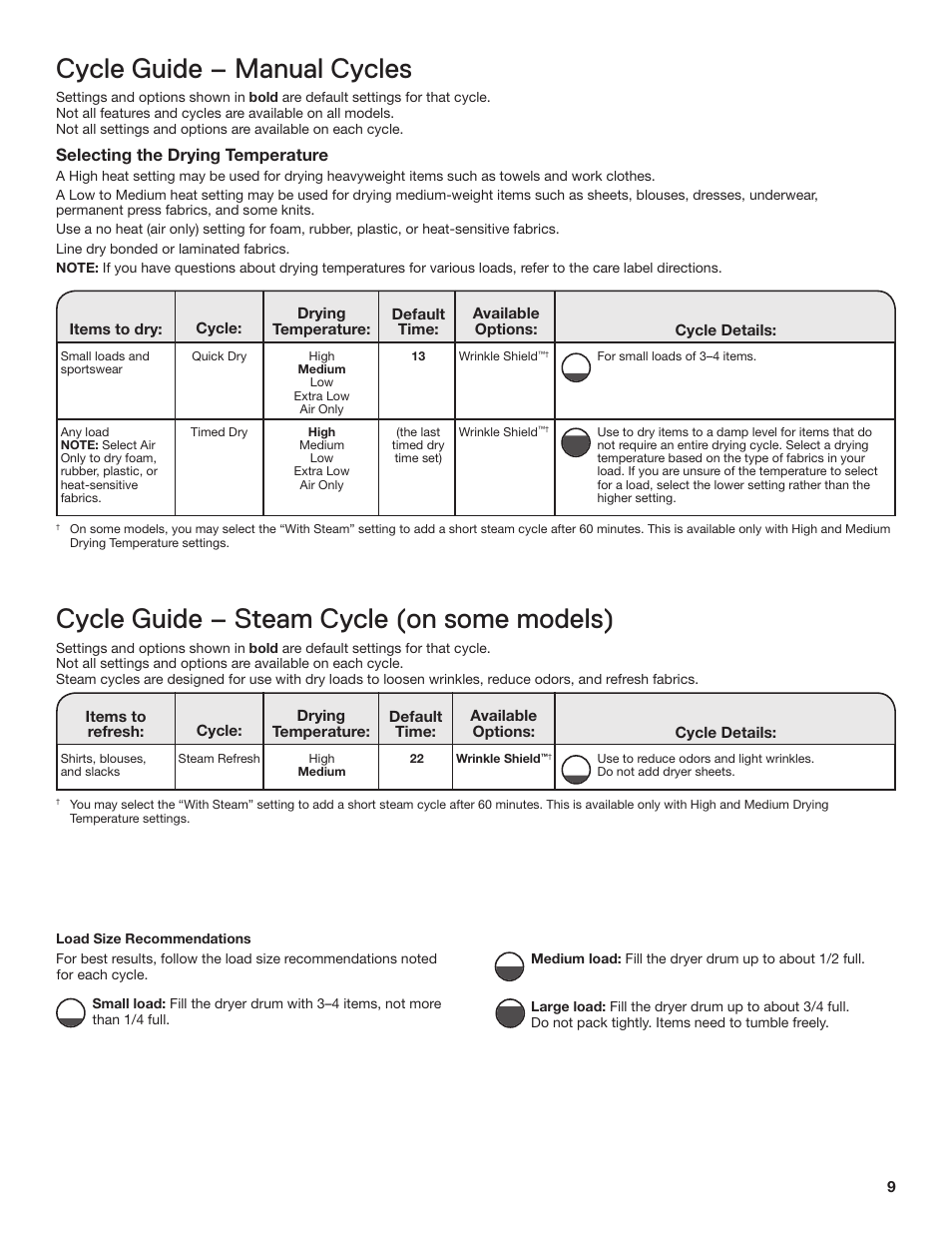 Cycle guide – manual cycles, Cycle guide – steam cycle (on some models), Selecting the drying temperature | Whirlpool WGD71HEBW User Manual | Page 9 / 40