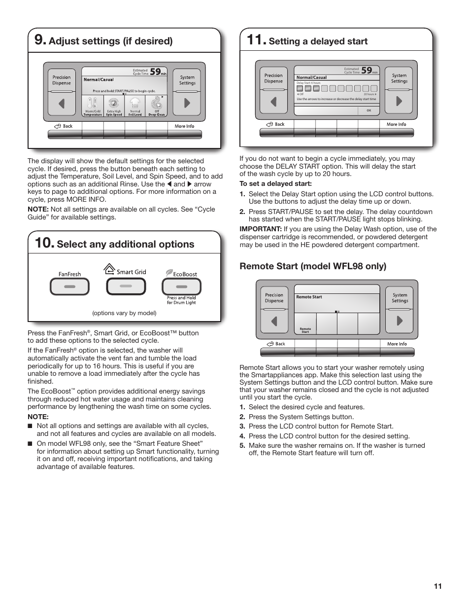 Adjust settings (if desired), Select any additional options, Setting a delayed start | Remote start (model wfl98 only) | Whirlpool WFL98HEBU User Manual | Page 11 / 36