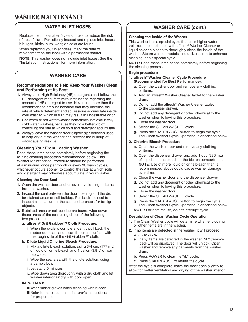 Washer maintenance, Washer care, Washer care (cont.) | Water inlet hoses | Whirlpool WFL98HEBU User Manual | Page 13 / 36
