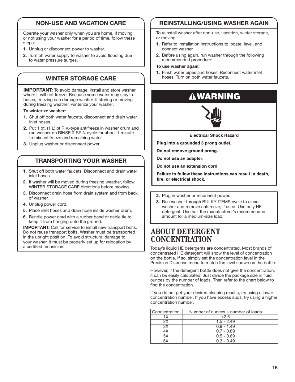 About detergent concentration, Winter storage care, Transporting your washer | Whirlpool WFL98HEBU User Manual | Page 15 / 36