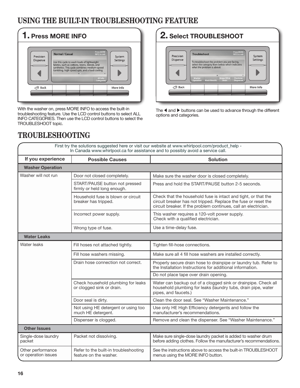 Troubleshooting, Using the built-in troubleshooting feature, Press more info | Select troubleshoot | Whirlpool WFL98HEBU User Manual | Page 16 / 36