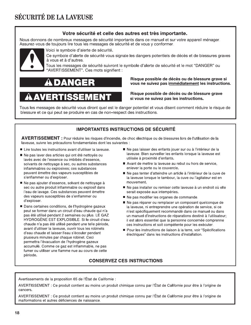 Sécurité de la laveuse | Whirlpool WFL98HEBU User Manual | Page 18 / 36