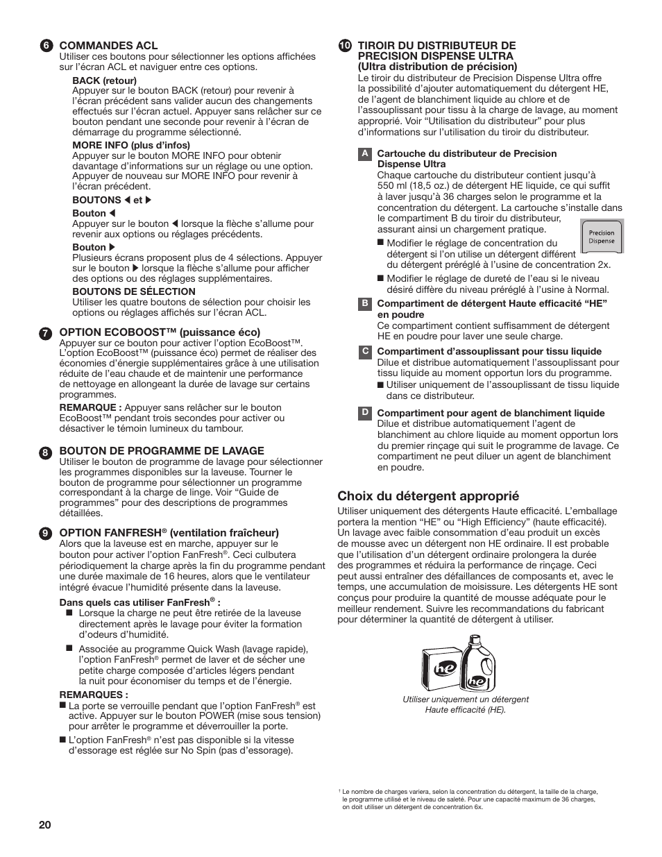 Choix du détergent approprié | Whirlpool WFL98HEBU User Manual | Page 20 / 36