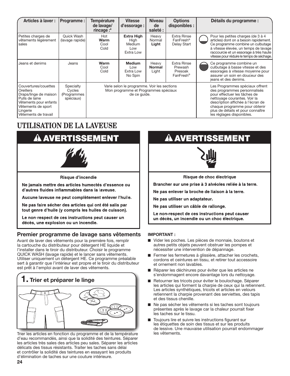 Utilisation de la laveuse, Premier programme de lavage sans vêtements, Trier et préparer le linge | Whirlpool WFL98HEBU User Manual | Page 24 / 36