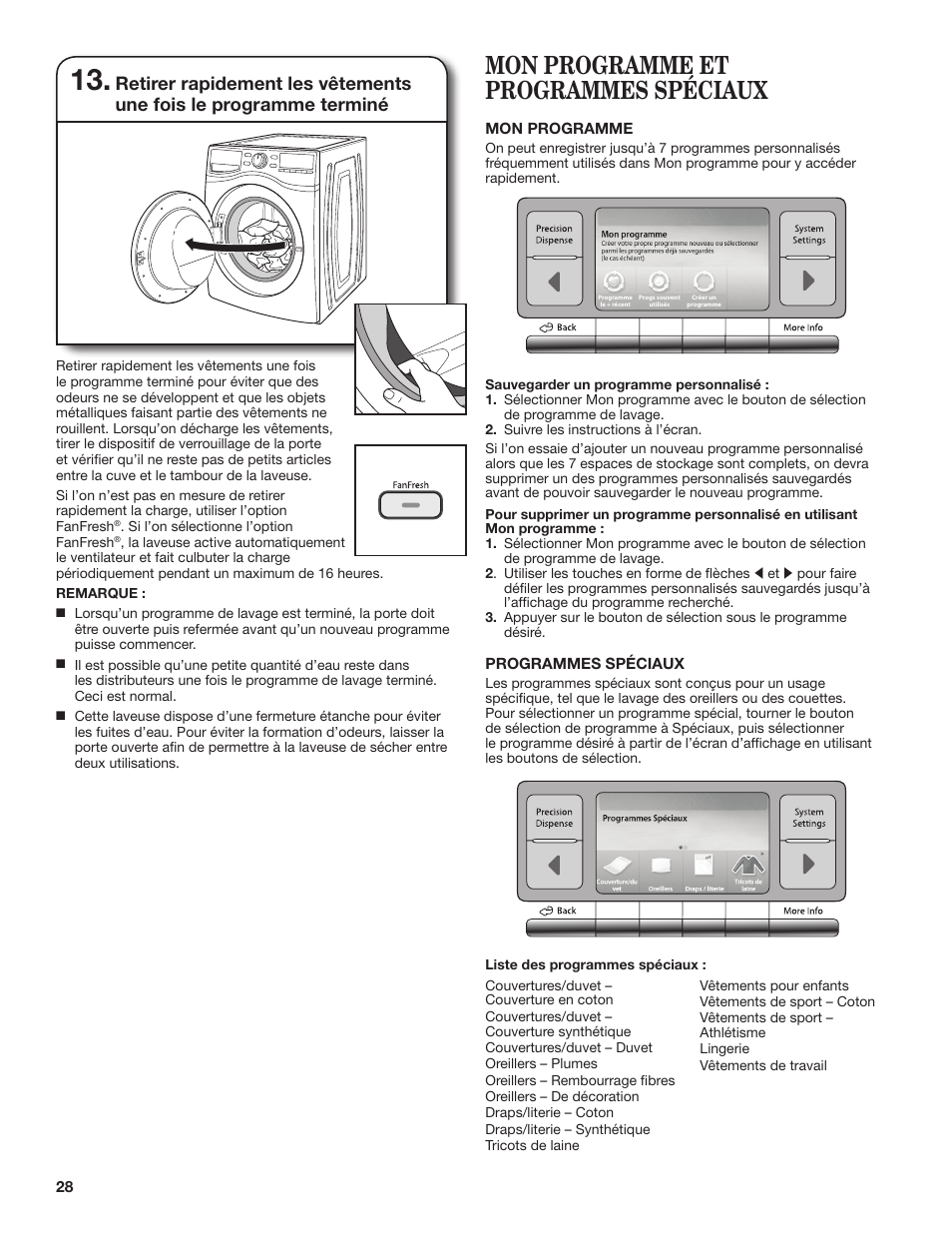 Mon programme et programmes spéciaux | Whirlpool WFL98HEBU User Manual | Page 28 / 36